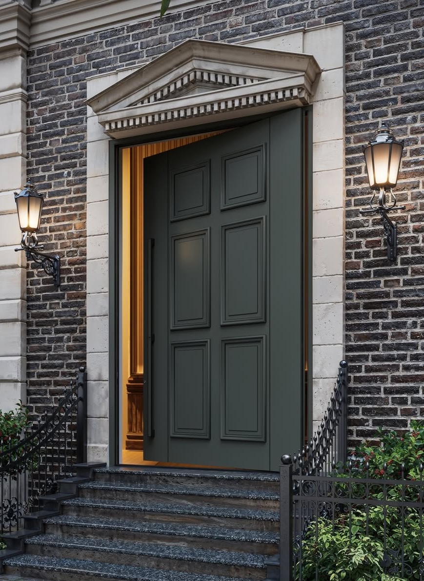 Contemporary pivot door with glass sidelites