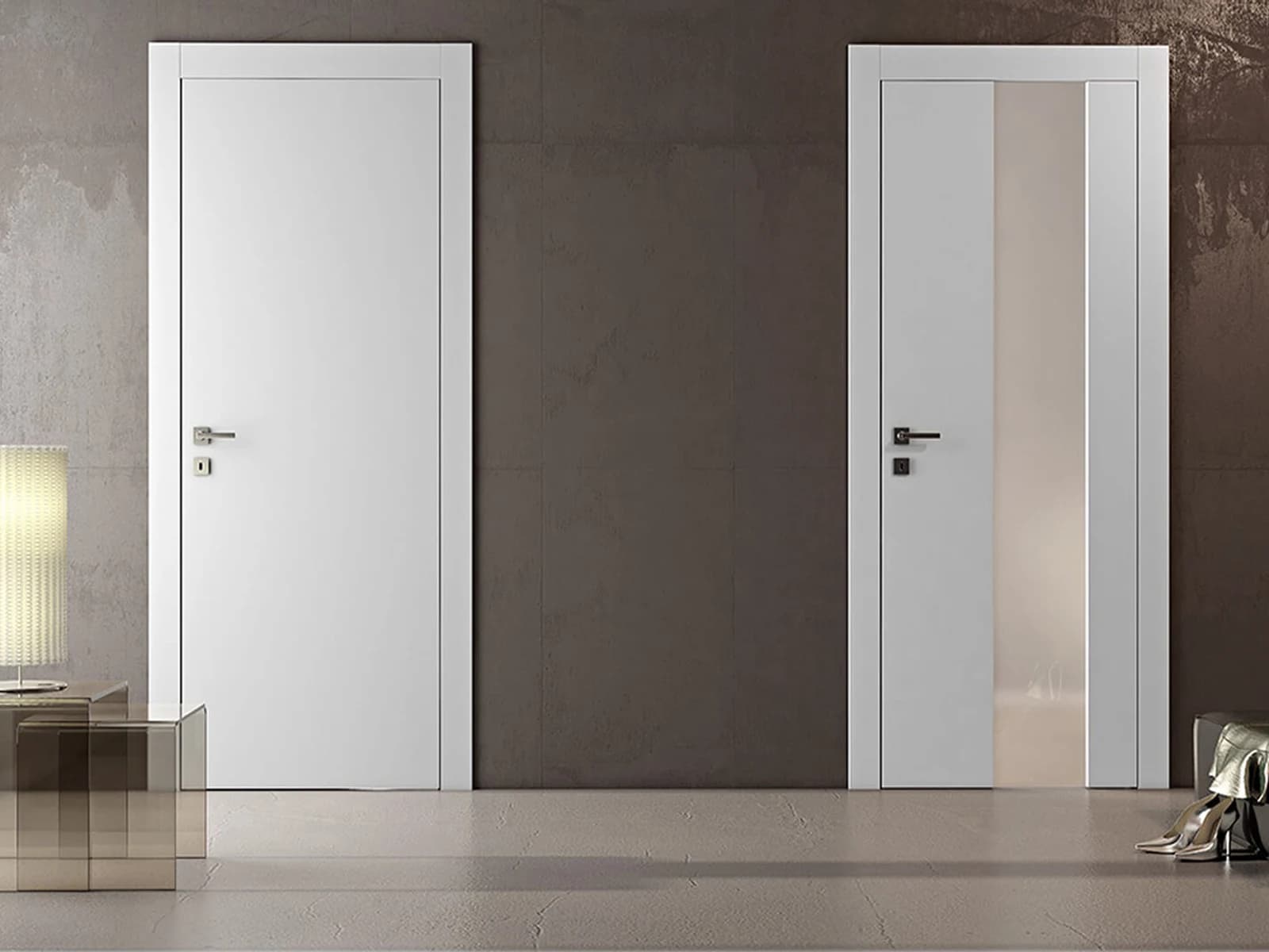 Two modern white interior doors with flush and glass panel styles