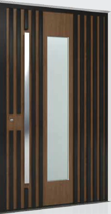 Aluminum entry door style: dark tubes, wood and glass