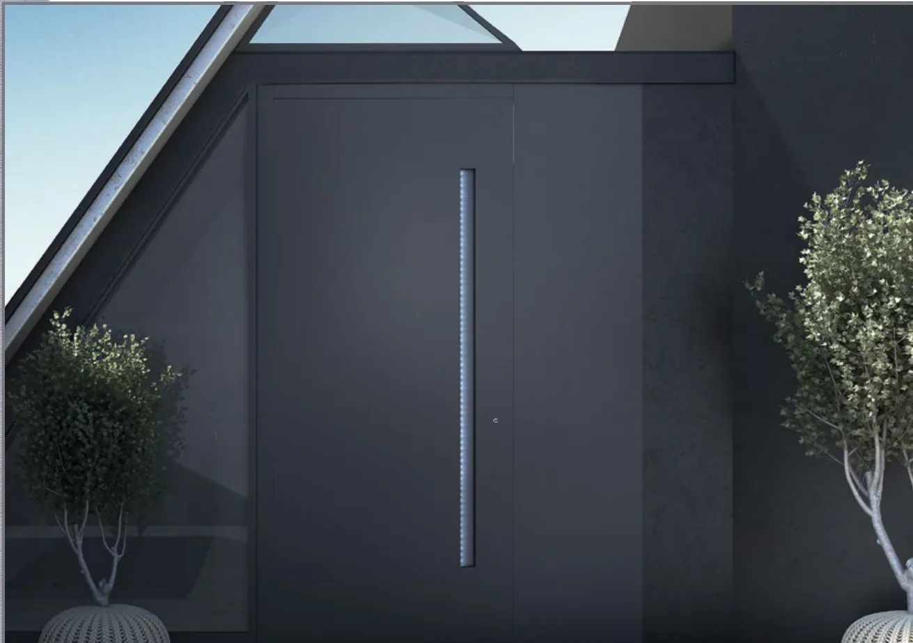 Oversized dark flush aluminum front door with a full-height pull