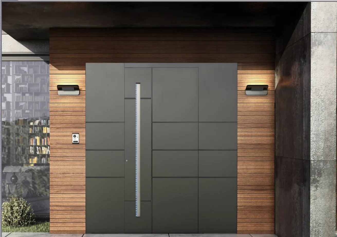 Dark aluminum entry door with a long pull between wood-clad walls