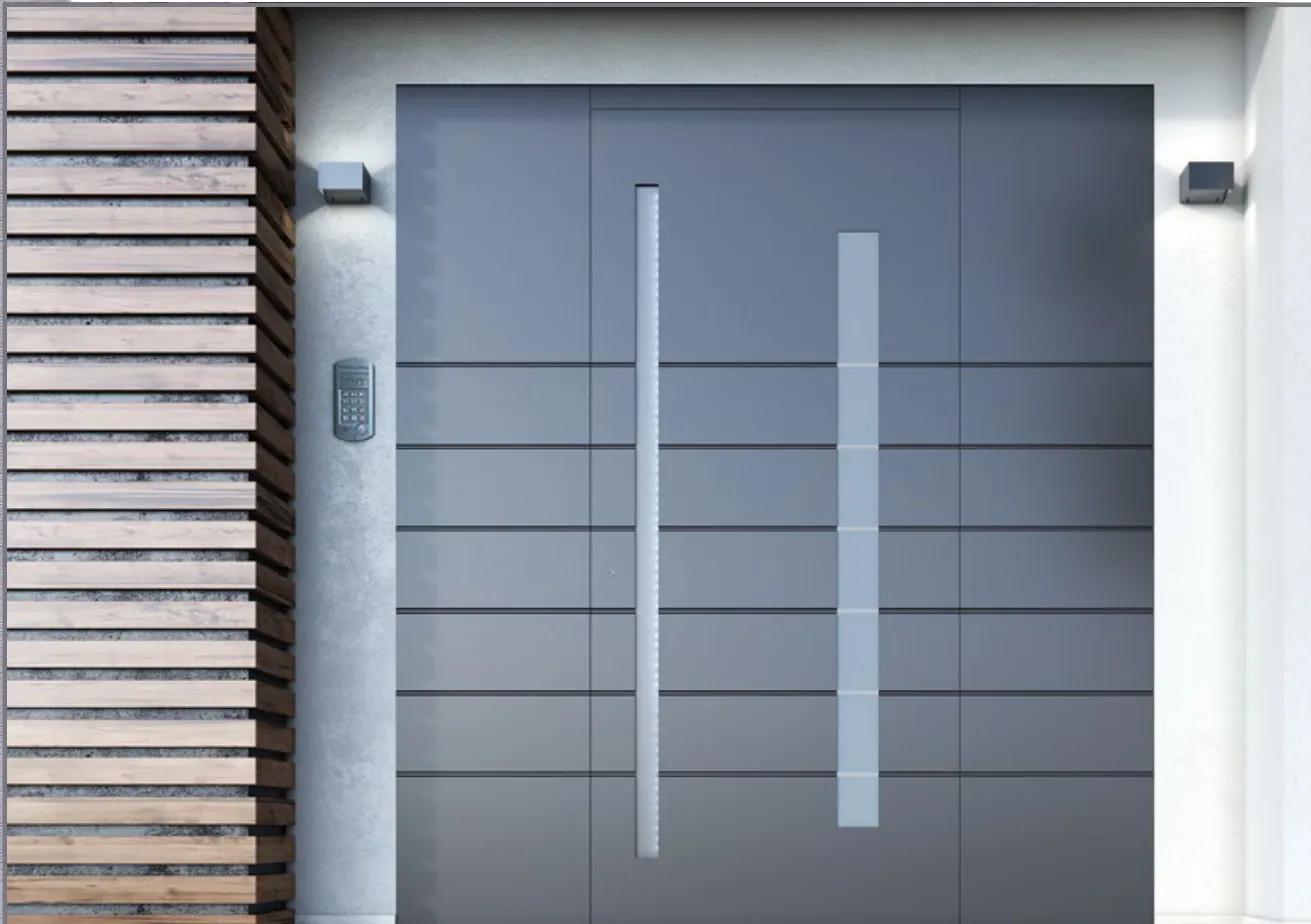 Grey aluminum front door with horizontal grooves and a long pull