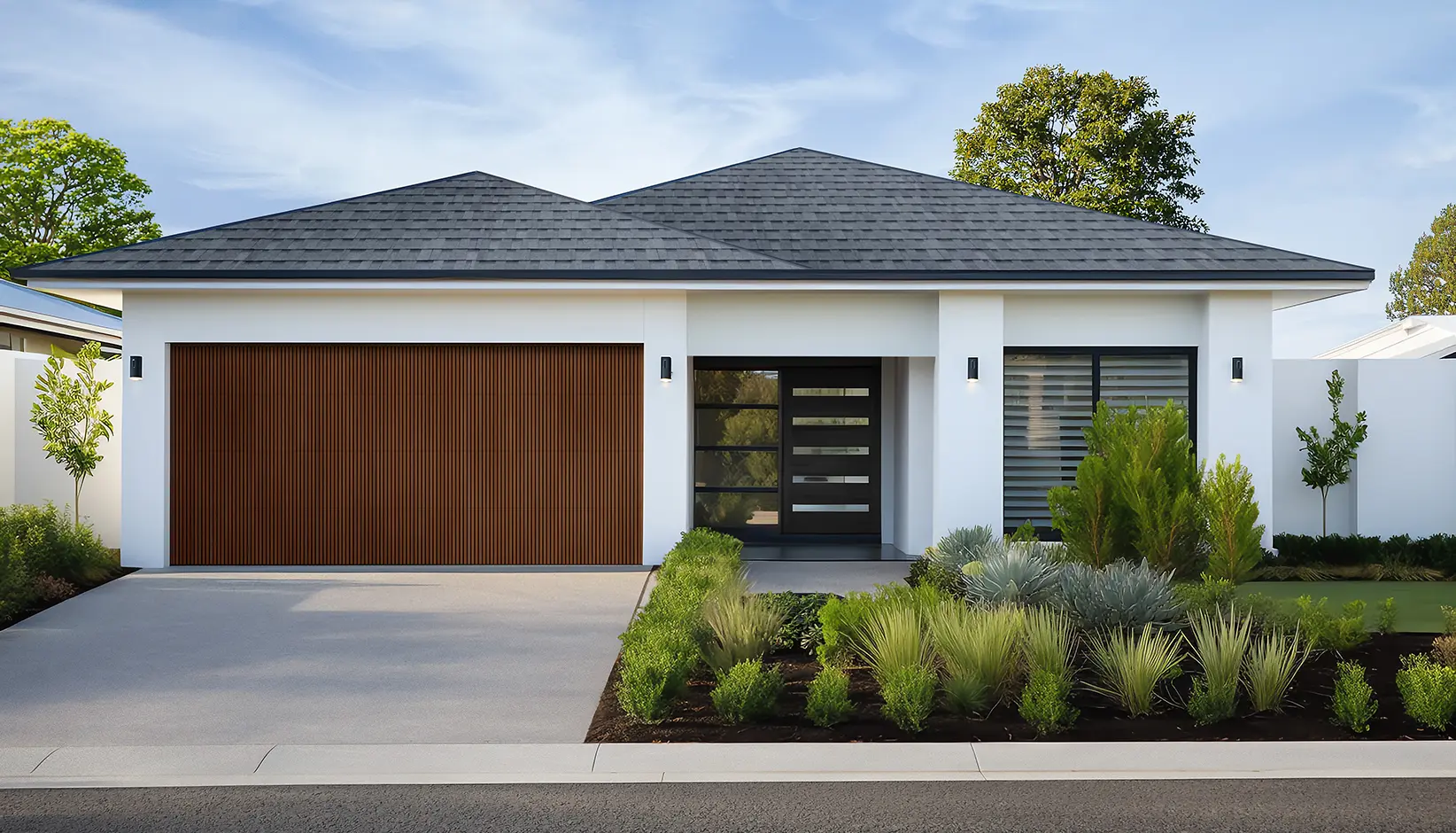 Vertical slat garage door in Dark finish with black grooves on a white modern bungalow