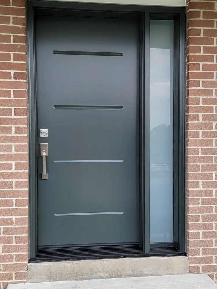 Grey door, metal accents & sidelite