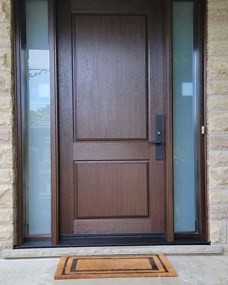 Wood-grain fiberglass door, two sidelites