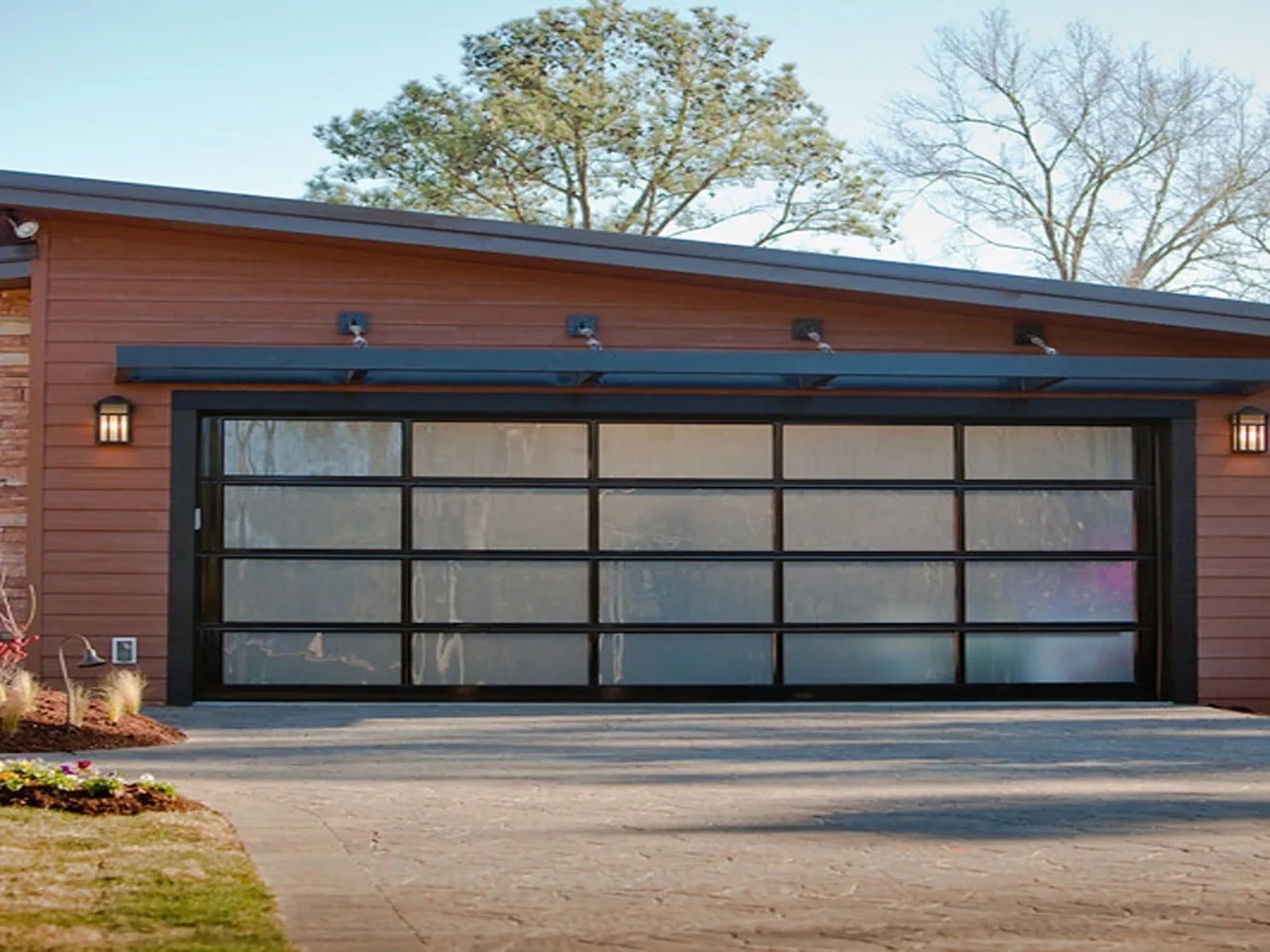 Close-up of a contemporary aluminum and glass garage door