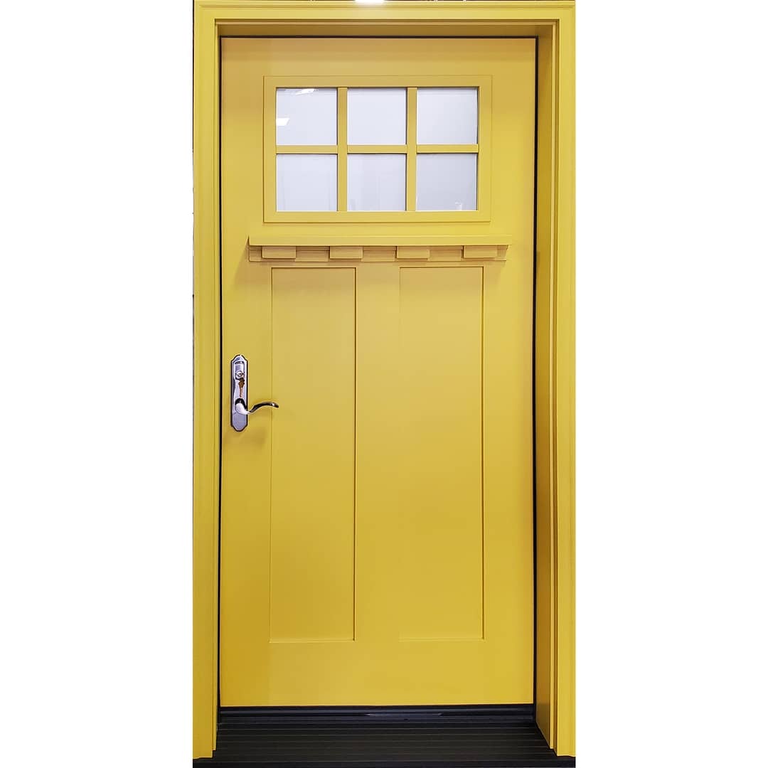 Canary yellow fir grain craftsman fiberglass door with SDLs