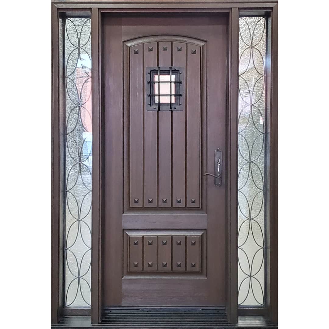 Rustic camber-top planked fiberglass door with speakeasy