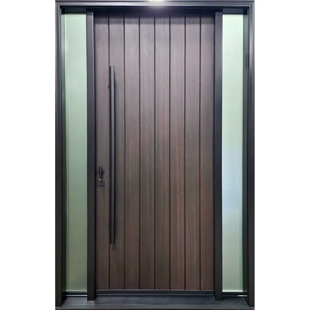 Rustic true plank fiberglass door with pull bar and t-bar
