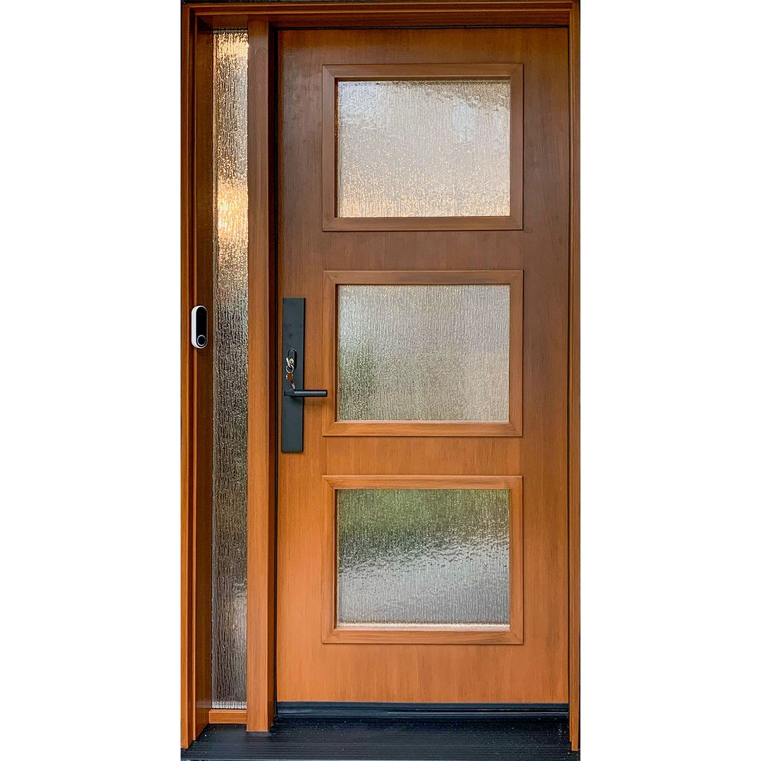 Teak modern fiberglass door with direct glazed sidelite