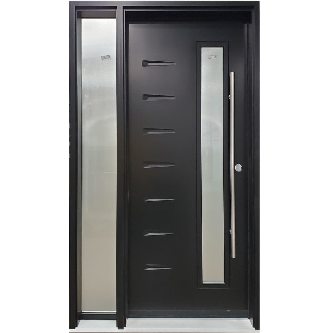 Era steel door with narrow sandblasted glass and round pull bar