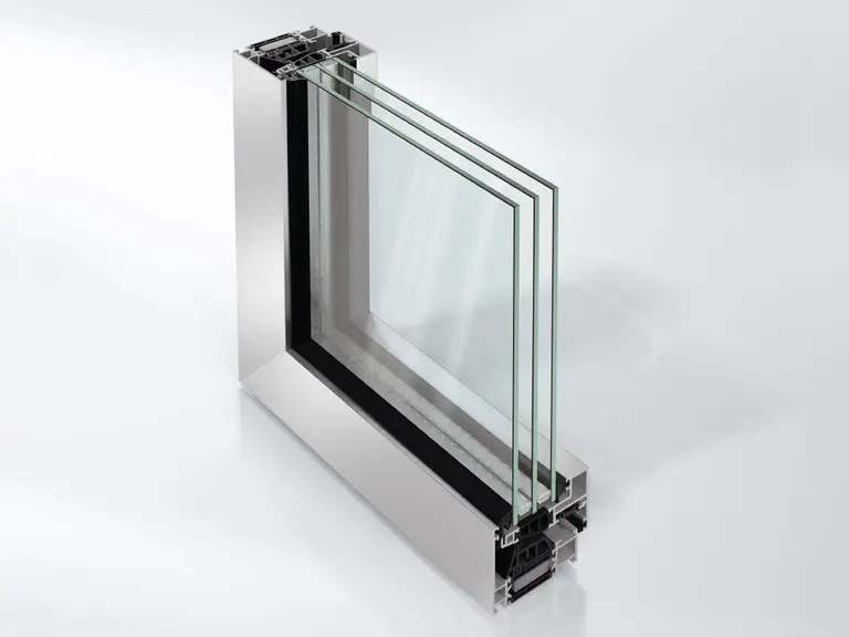 Corner of a Schüco hidden-sash aluminum window with triple glazing