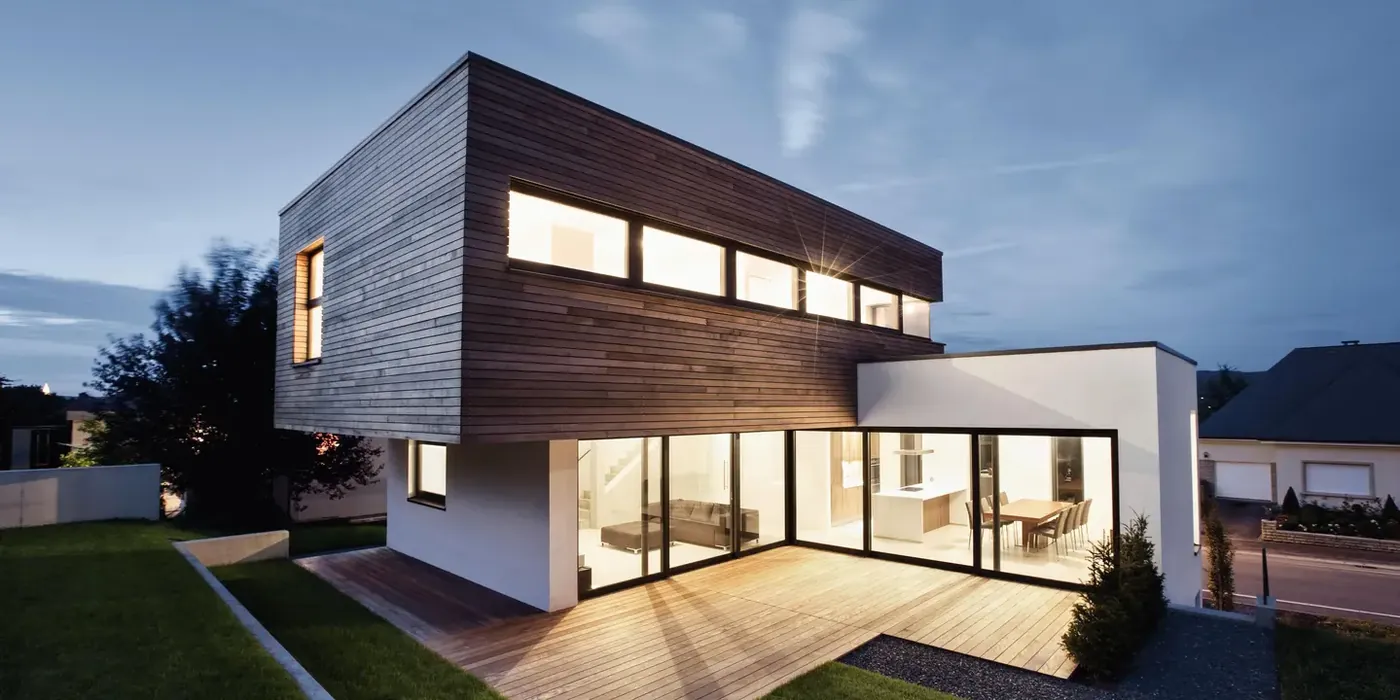 Modern house with ribbon windows and corner glass