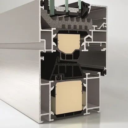 Cross-section of a Schüco 75 mm window frame with thermal break and triple glazing