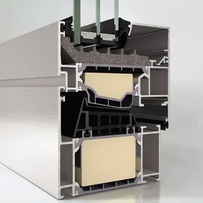 Cross-section of a Schüco 90 mm window frame with thermal break and triple glazing