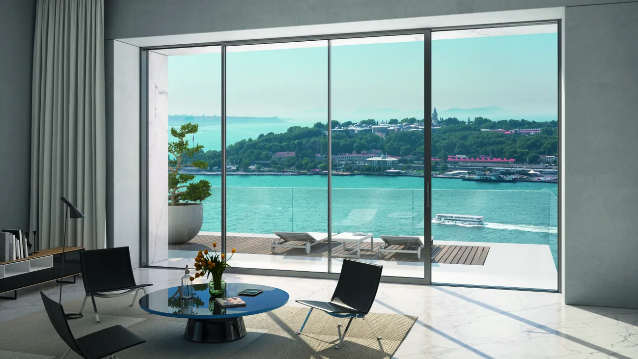 Minimal-frame sliders in a modern home