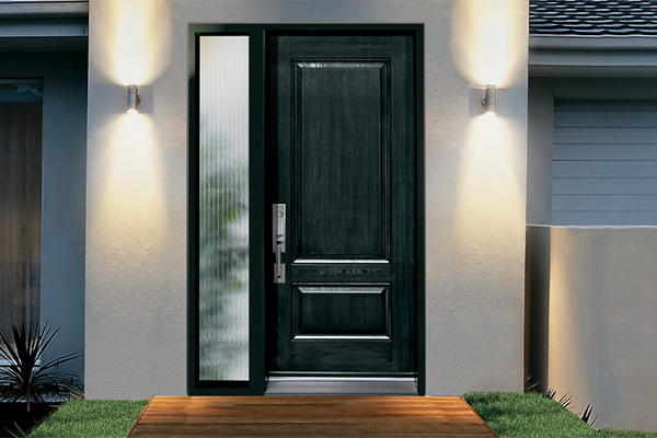 Black fiberglass entry door with a sidelite and exterior sconces