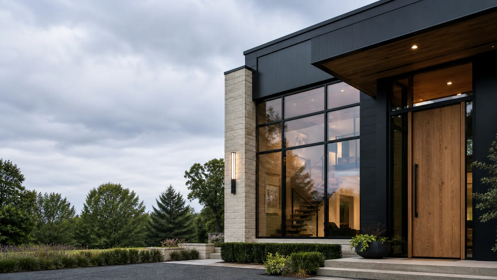 Illustrative contemporary home exterior with black-framed windows and a wood entry door