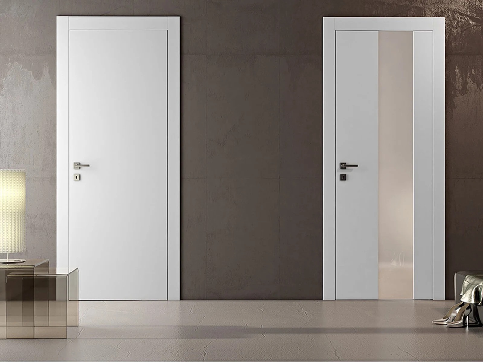 Two modern white interior doors with flush and glass panel styles