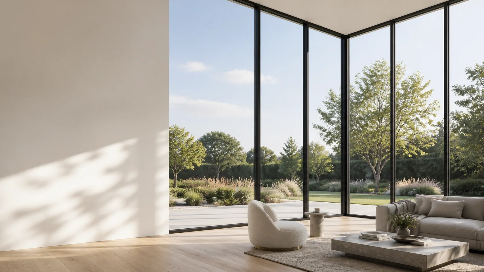 Illustrative sunlit living room with a floor-to-ceiling aluminum corner window wall